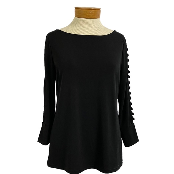 Carmen Marc Valvo Cutout Sleeves Black Gold Rings Blouse Top Sz M - Picture 2 of 9